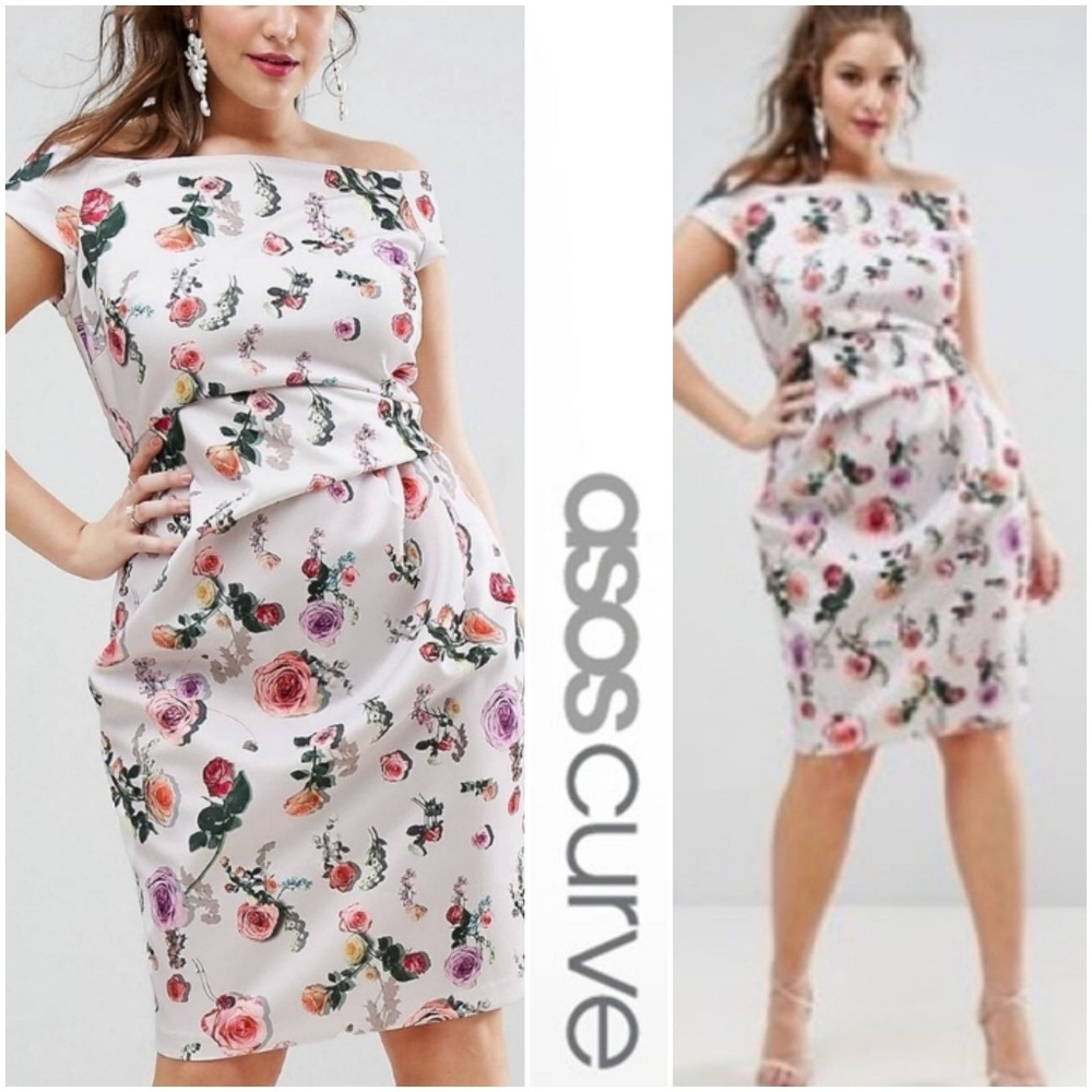 ASOS Curve Bardot Floral Ruched Formal Dress